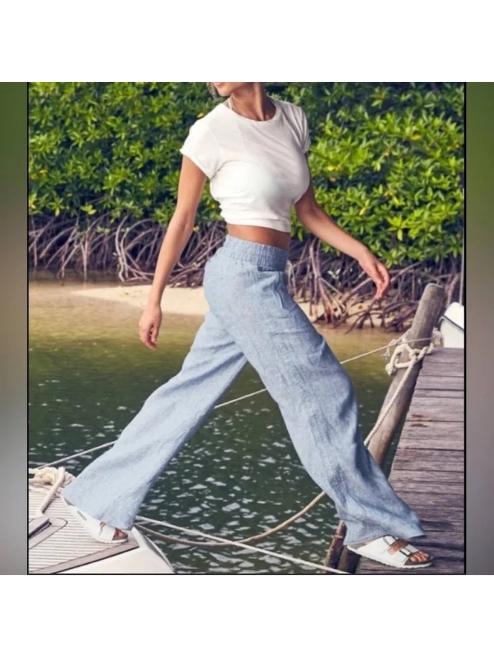 Athleta Cabo Linen Wide Leg Pant NWT Size 10P in Chambray Blue